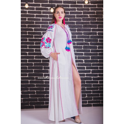 Boho Style Embroidered Maxi Dress "Flowers" White with Pink/Blue Embroidery